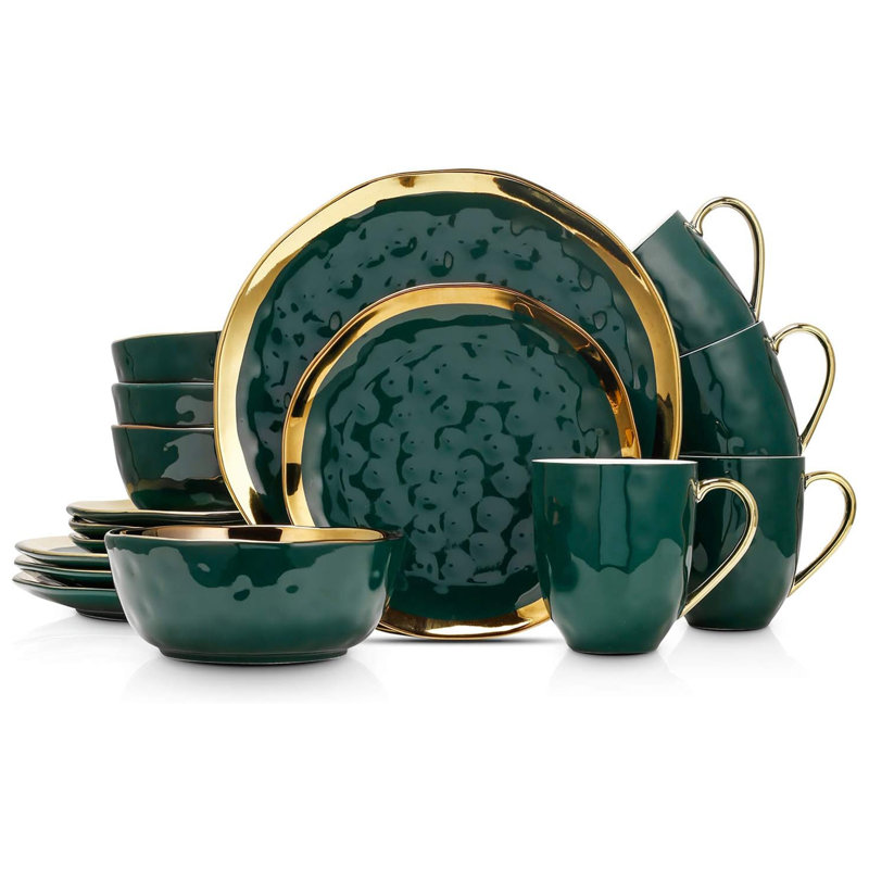 Service de table en porcelaine 16 pièces Stone Lain Florian, service pour 4, vert, Vert