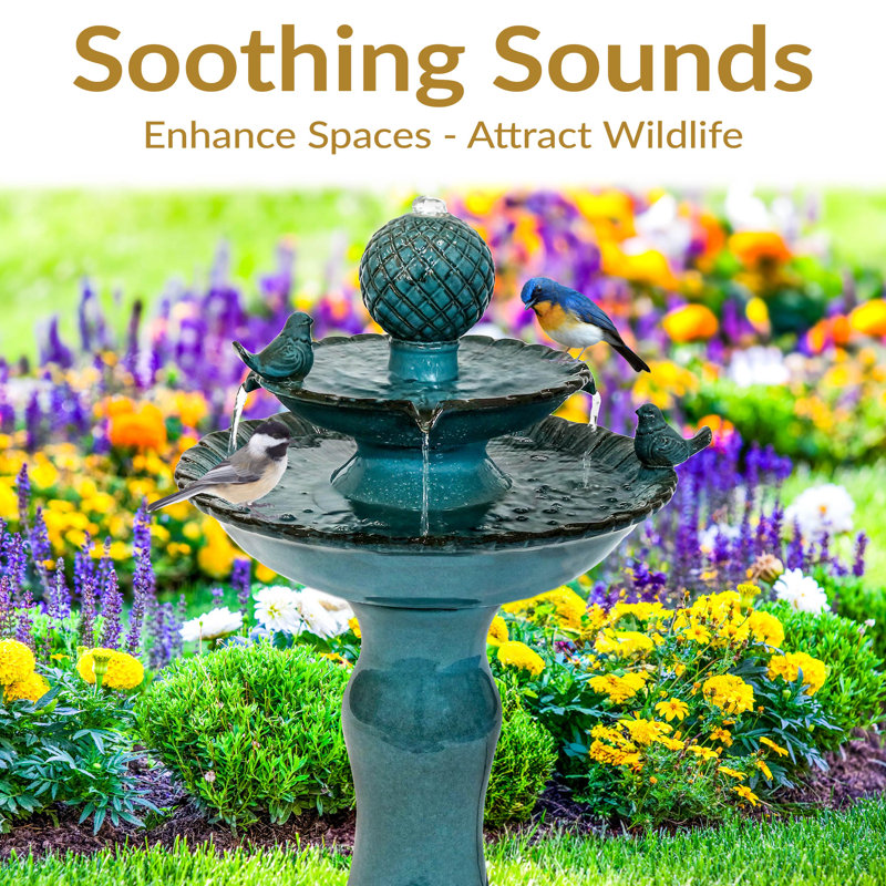 Weather-Resistant Resting Birds Contemporary Blue Ceramic 2-Tiered Outdoor Water Fountain, Teal