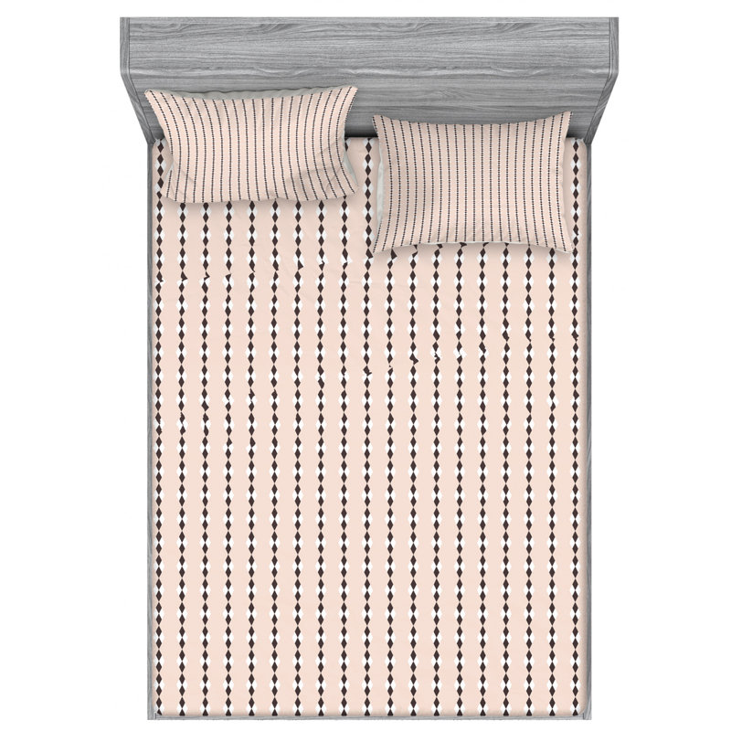 Microfiber Striped Sheet Set, Queen Sheet Set + Fitted Sheet + 2 Pillowcases, Beige/Black Geometric 1