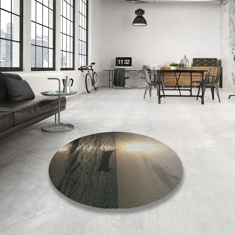 Tapis gris/zone noire à motifs, Rond 5 pi