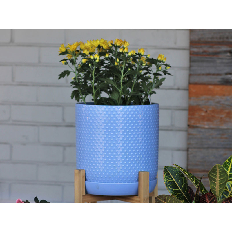 Pot cylindrique à pois avec soucoupe intégrée, pot moyen en céramique émaillée (lot de 2) - Mahesh Outdoor