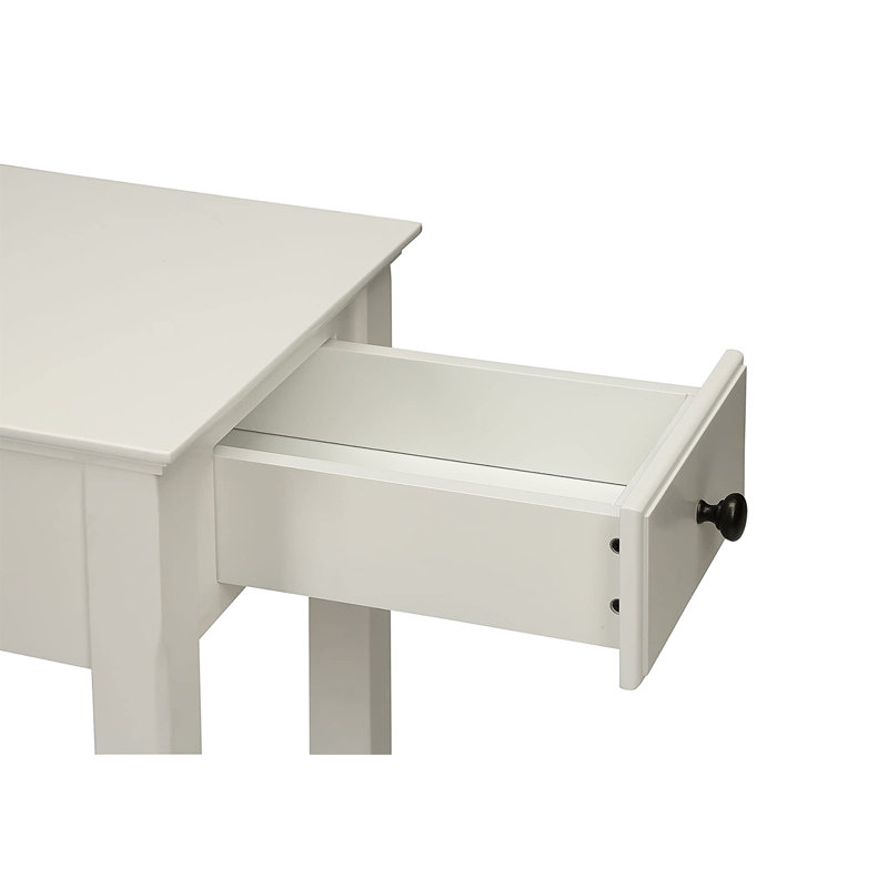 Table d'appoint rectangulaire blanche avec tiroir et tablette, idéale pour le salon, les espaces ouverts et le style transitionnel.