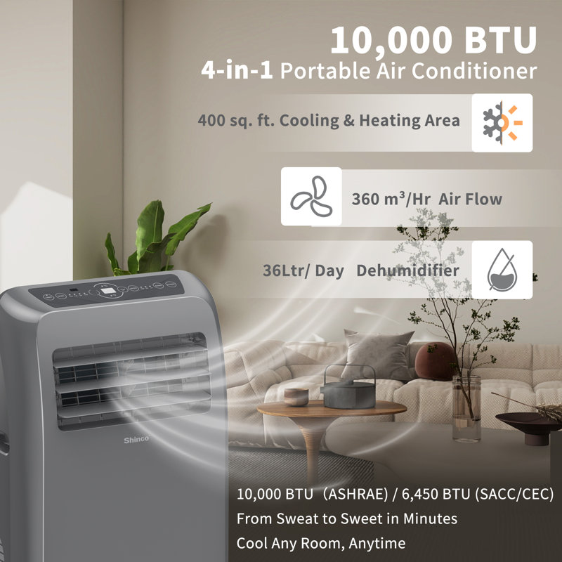Shinco 10,000 BTU(ASHRAE) Portable Air Conditioner(Copper Tube) with Heater up to 400 Sq.Ft, Ac Heater Combo Window Unit, Portable AC Unit with Dehumidifier & Fan, Cools & Heats,Gray