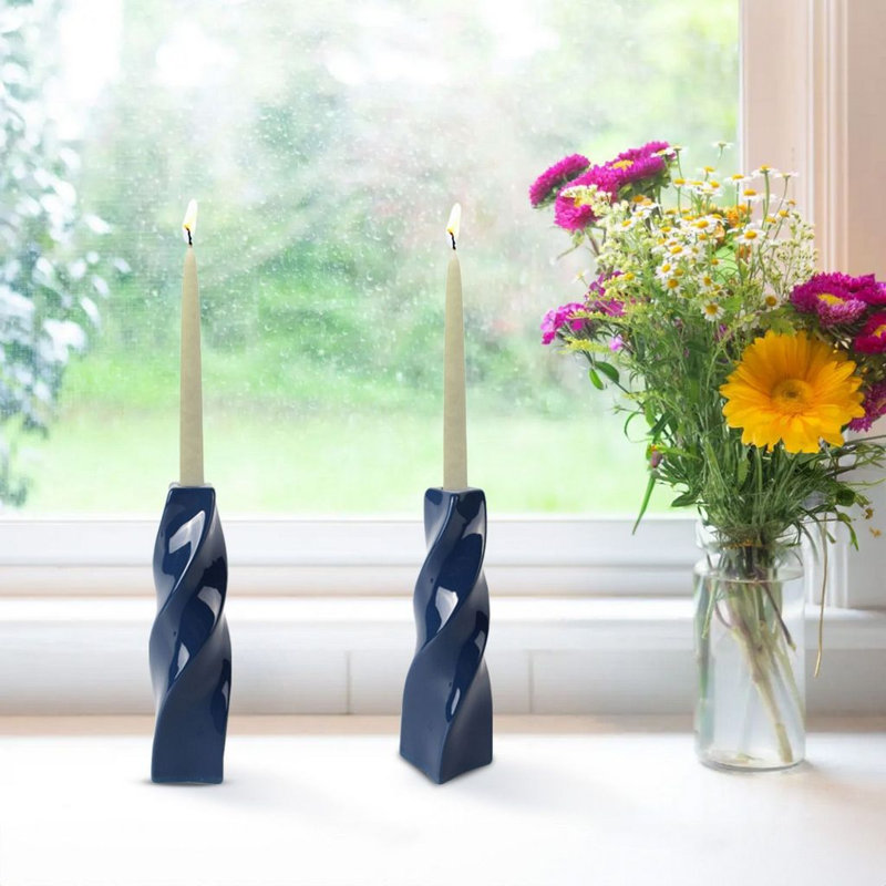 Ensemble de 2 bougeoirs coniques en céramique Adele Curvy, bougeoirs sculpturaux de 28 cm, bleus, Bleu