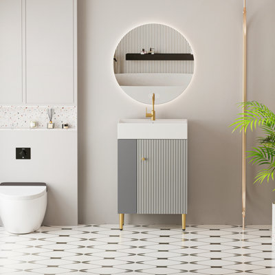 Meuble-lavabo à tablettes ouvertes de 21,6 po avec lavabo en céramique, porte à fermeture en douceur et rangement à gauche