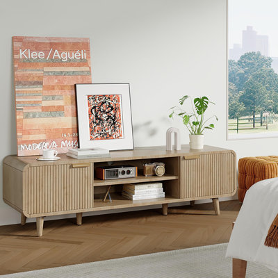 Mid-Century Modern TV Stand for TVs up to 65 Inch, Walnut Media Console with Fluted Doors & Adjustable Shelves, 54.3" Entertainment Center, Oak
