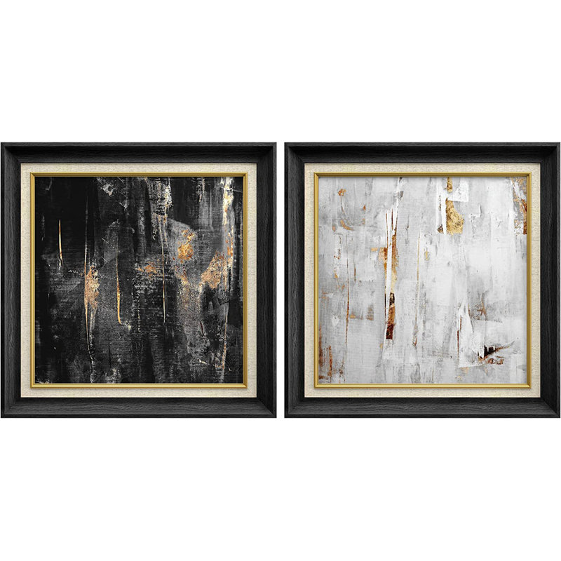 «Grunge Black and Gold Stroke Landscape», ensemble de 2 peintures sur toile encadrées, Noir