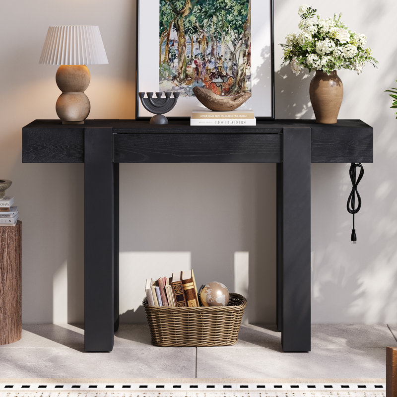 Black Rustic Minimalist Wood Console Table - Hidden Drawer & Side Power Outlet, Entryway Sofa Table For Living Room, Home Office