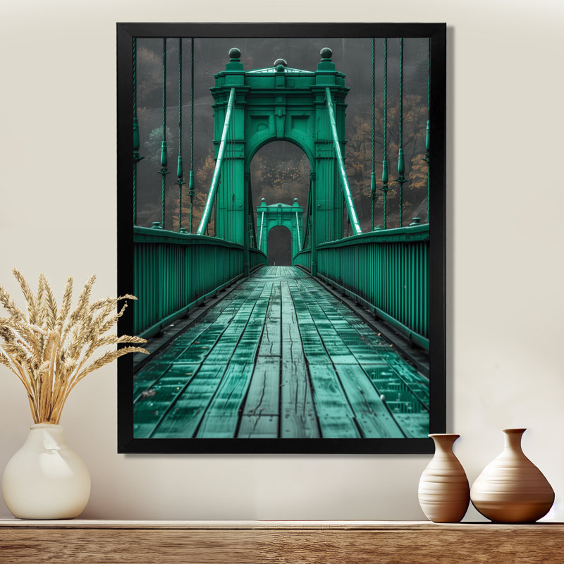 Monochromes vert, noir, pont, croisement, chemin II - art mural, Toile encadrée noire simple, H 20 po x l 12 po x P 1 po