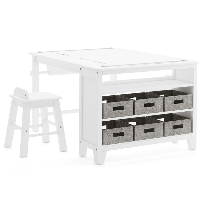 Creamy White Kids' Art Table and Stool Set with Storage