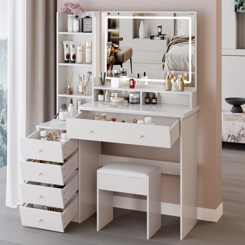 Meuble-lavabo de 41 po avec tabouret de 41 po et tabouret rembourré, grand miroir à DEL à commande tactile, interrupteur à 3 couleurs, commode à plusieurs niveaux avec rangement haute capacité, convient aux grands espaces