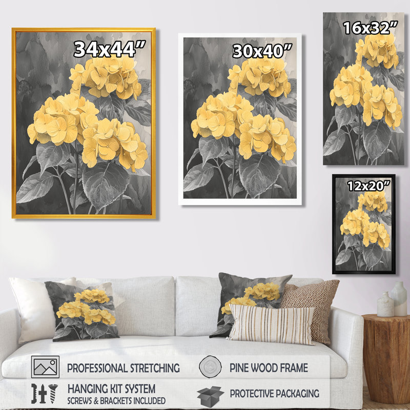 Curata - Floral Canvas Wall Art, 60" H x 28" W, Floater Framed Print, Gold