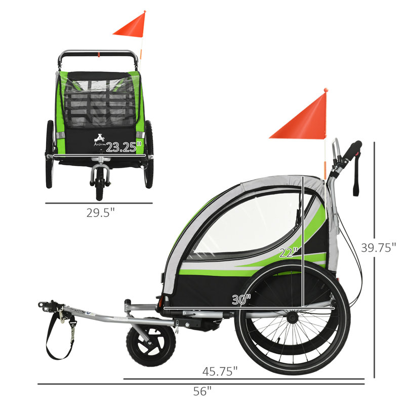 Green Foldable 2-in-1 Child Bike Trailer Stroller