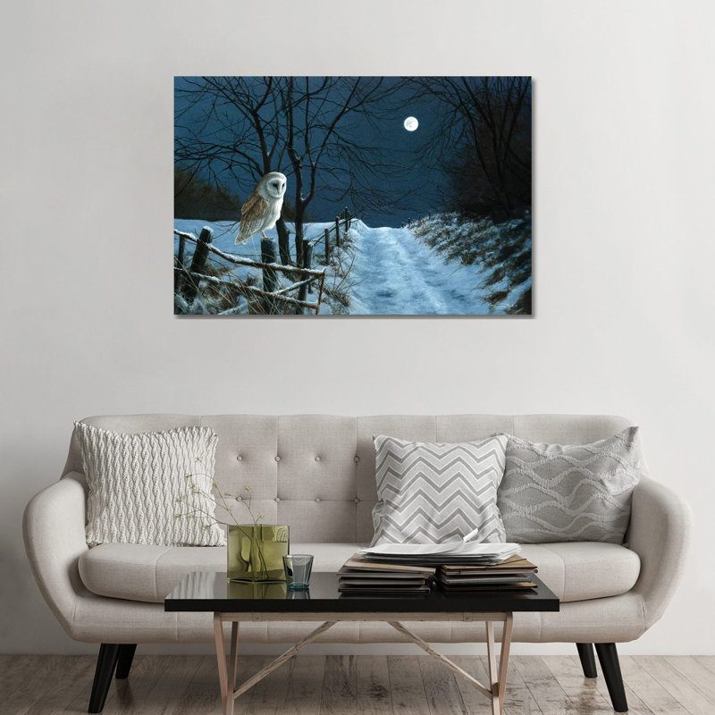 Reproduction d’art graphique, "Moon’s Moon-Barn Owl" par Jeremy Paul, Pas de tapis, H 32 po x l 48 po x 1,5 po, Toile tendue
