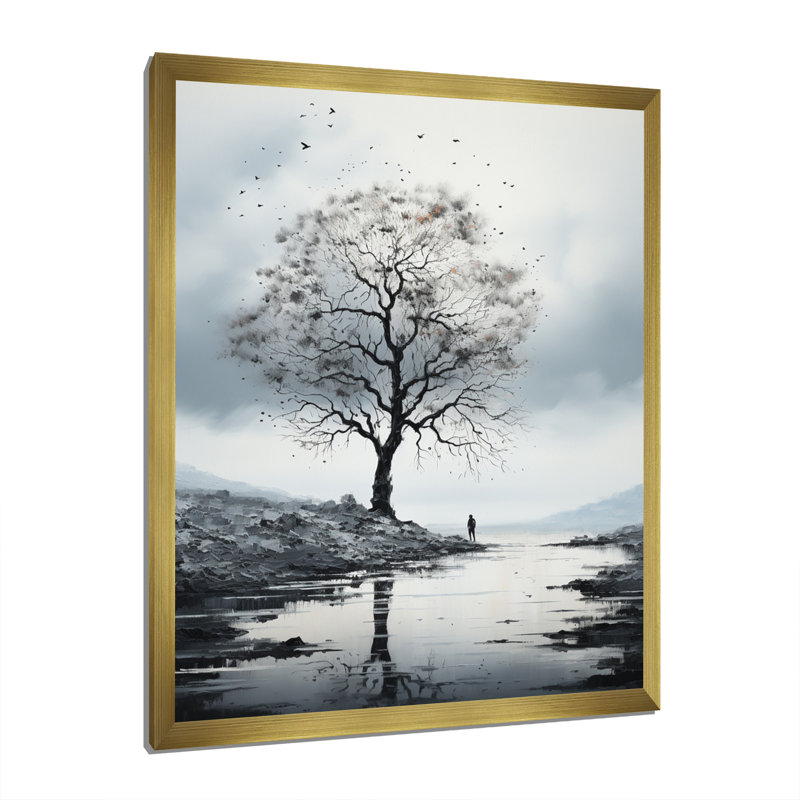Arbre de Lynnai gris minimalisme solitude II, H 32 po x l 24 po x P 1 po, Encadrement doré