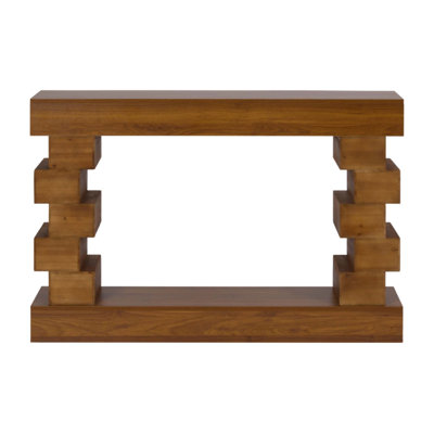 Geometric Block Stacked Wood Console Table With Warm Finish, Perfect For Modern And Artistic Interiors