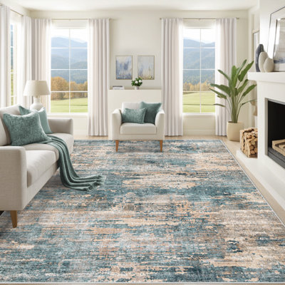 8' x 10' Modern Abstract Washable Area Rug, Neutral Soft Non-Slip Stain Resistant Indoor Rug for Living Room Bedroom, GreenBrown