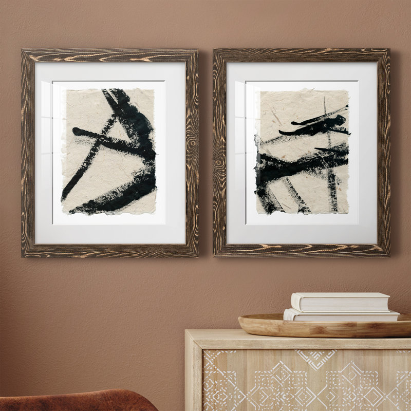Lines Crossed I - Ensemble de 2 peintures, Papier, cadre noyer, H 20 po x l 34 po x P 1,5 po