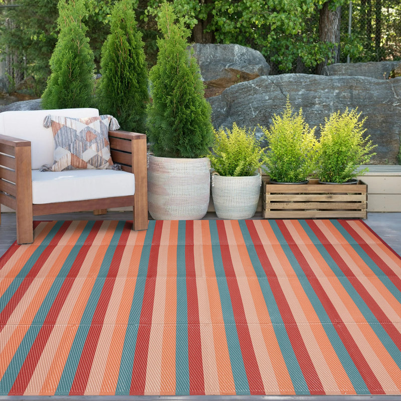 Striped Orange/Red Outdoor Area Rug, Orange/Red, Rectangle 9' x 12'