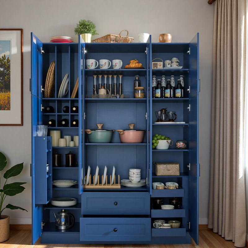 Grand garde-manger moderne avec 6 portes, tiroirs, tablettes réglables, plateaux coulissants et porte-bouteilles, Bleu
