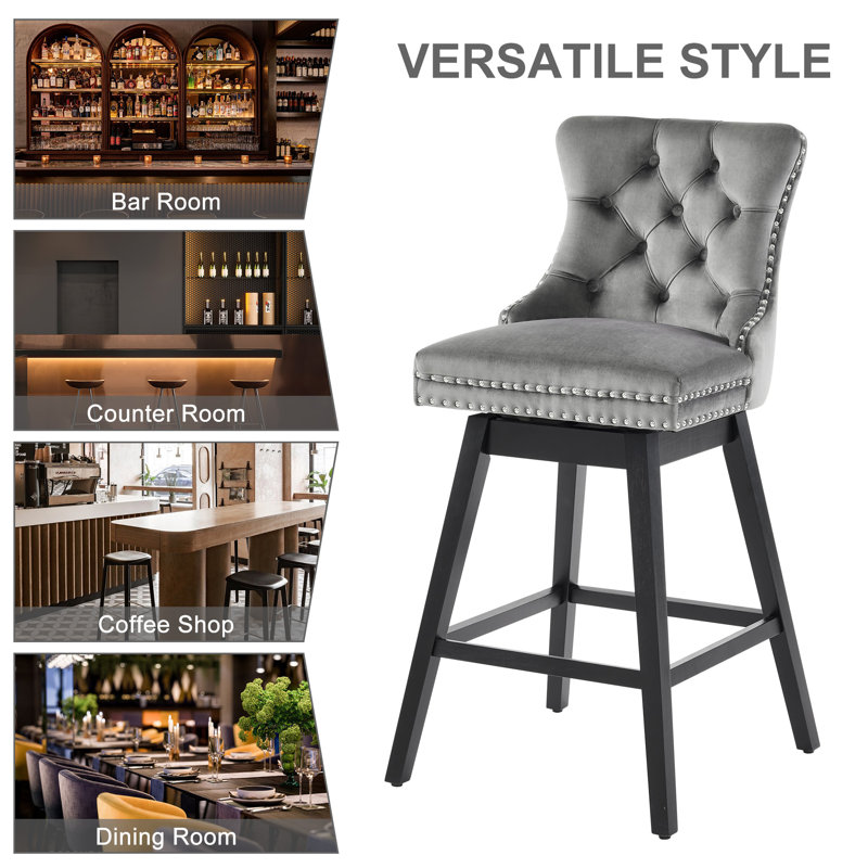 Gray Velvet Upholstered Swivel Bar Stools with Wood Legs, Set of 2