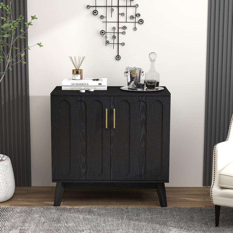 Buffet moderne cannelé avec tablettes réglables et pieds en bois massif, armoire avec rangement en noir