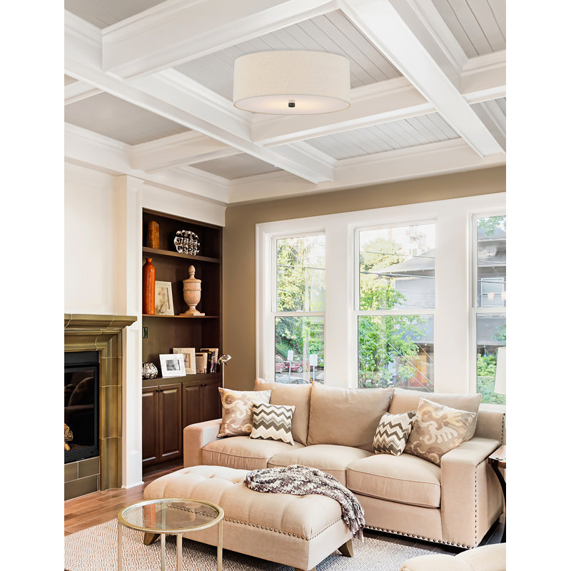 Textile - Classic Drum Flush-Mount - Linen Fabric Shade - 18"L x 18"W x 6.75"H, Cream, Matte Black