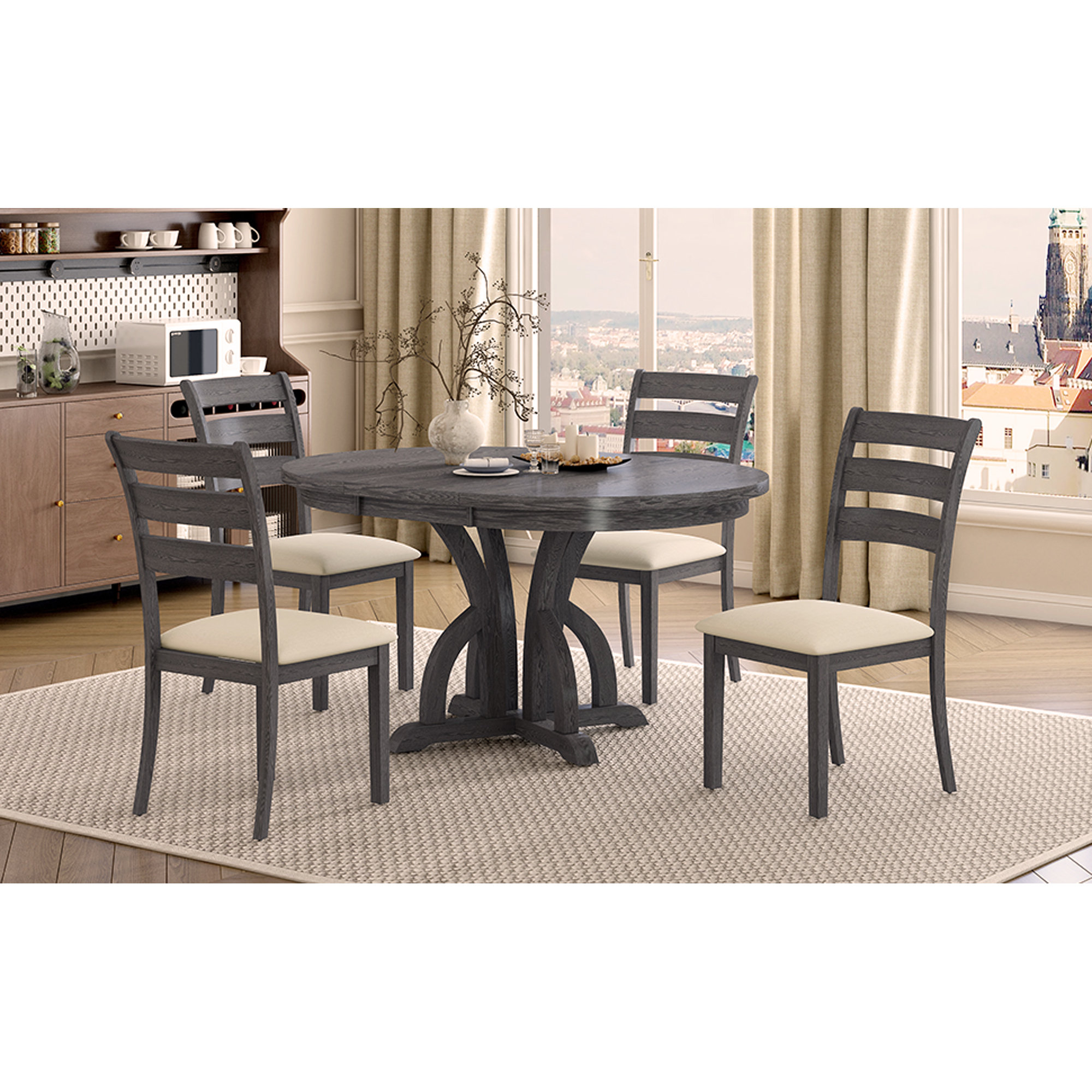 Lark Manor™ 5-Piece Farmhouse Round Pedestal Extending Dining Table Set ...
