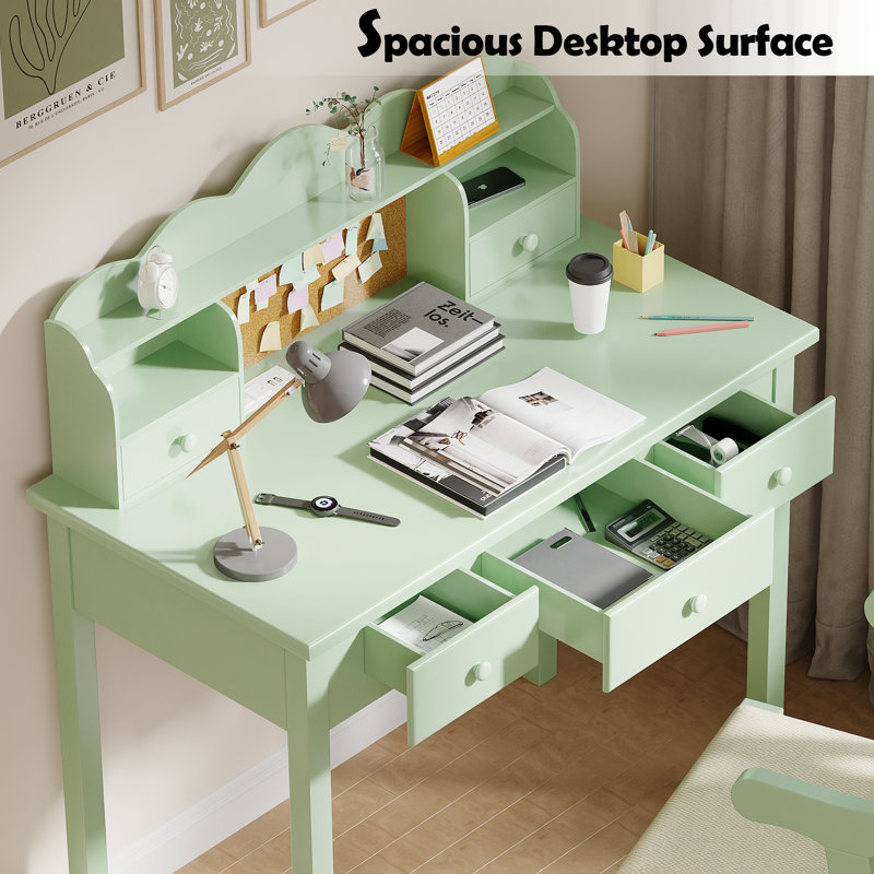 Mailiah Solid Wood Base Writing Desk with Power Outlet, Green