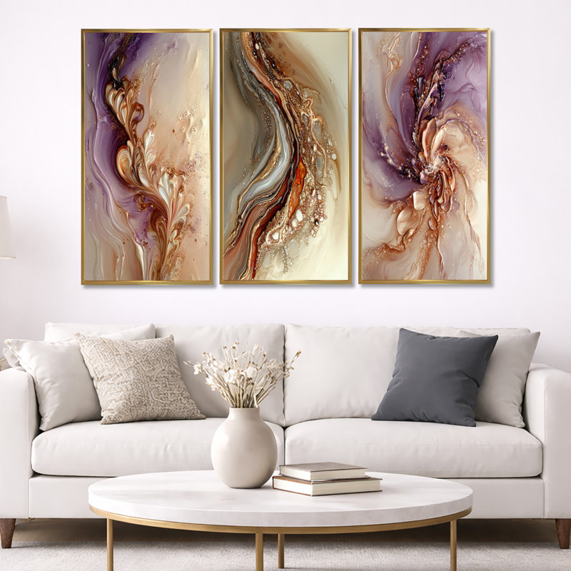 Vague cosmique de lavande, encre liquide, ensemble d'art mural abstrait sur toile, ensemble de 3, H 32 po x l 48 po