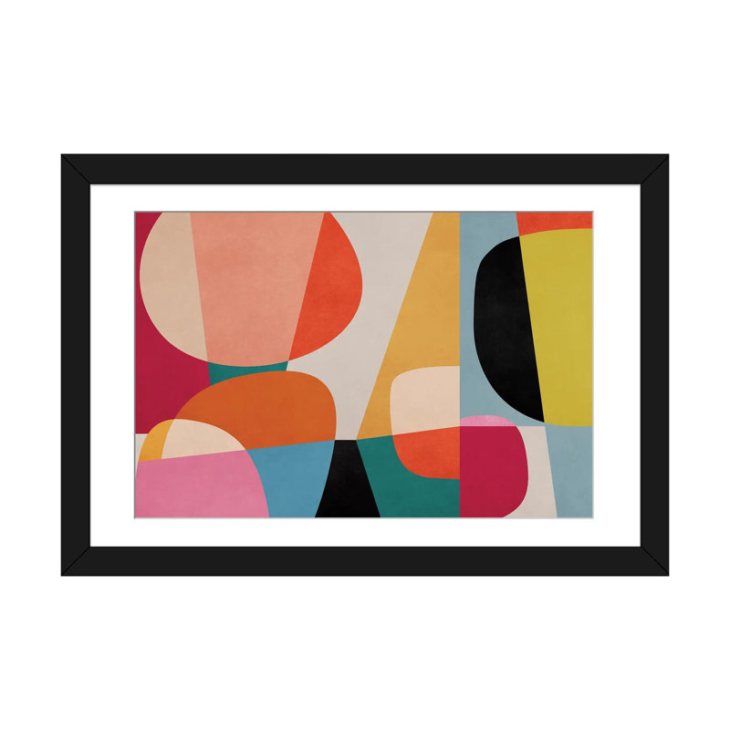 Colorful And Rounded Pieces, White, 16" H x 24" W x 1" D, Black Open Corner Framed Paper