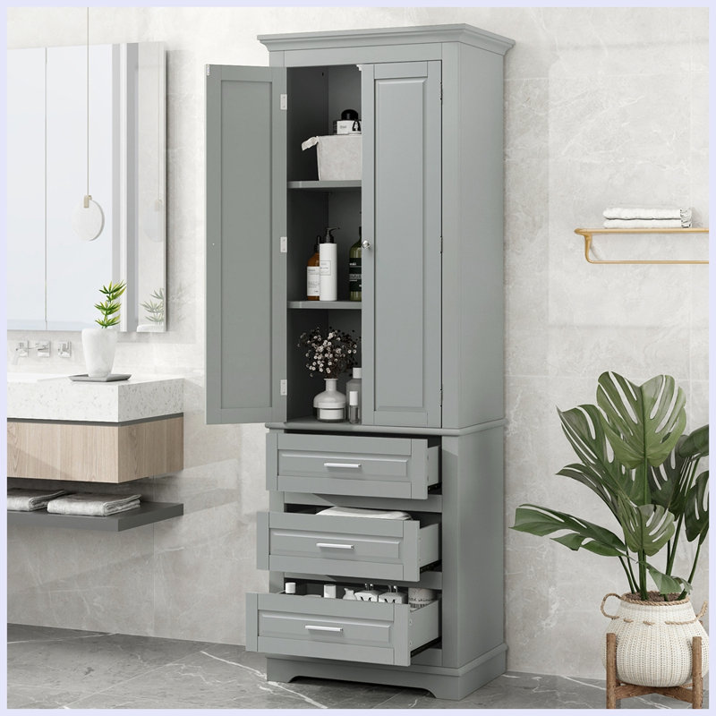 Grande armoire de rangement moderne avec trois tiroirs pour la salle de bain, Gris