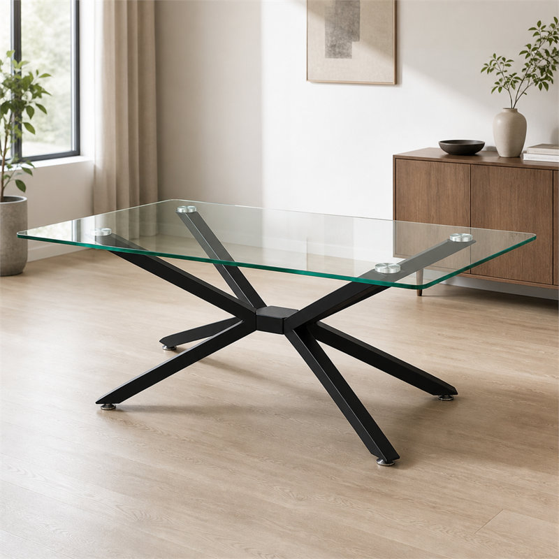 Une table basse rectangulaire en verre trempé de 39,37 pouces au design élégant et aux pieds en métal noir, qui convient au salon.