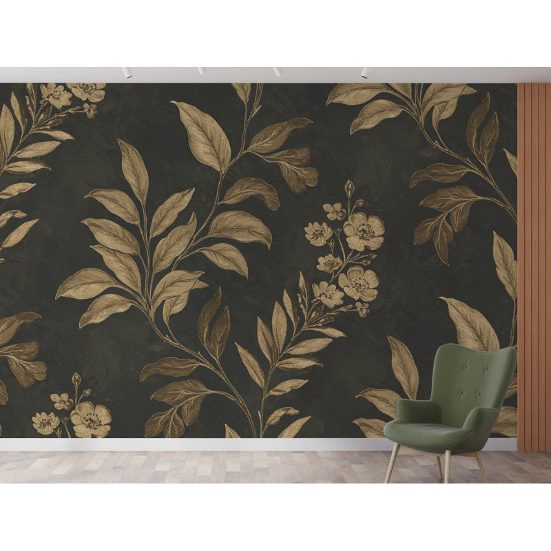 Papier peint botanique luxueux - Feuilles et fleurs dorées à grande échelle sur fond gris anthracite, motif dramatique élégant (non tissé)