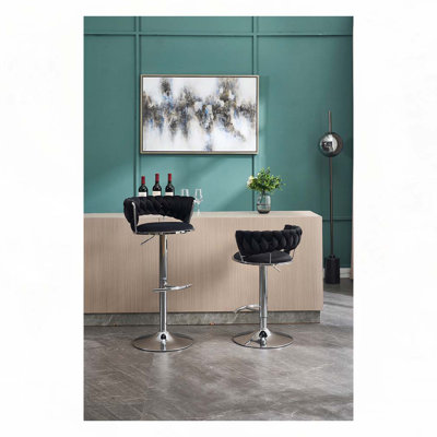 Set of 2 Adjustable Height Bar Stools with Chrome Footrest, Swivel Base, and Velvet Upholstery for Comfort and Style