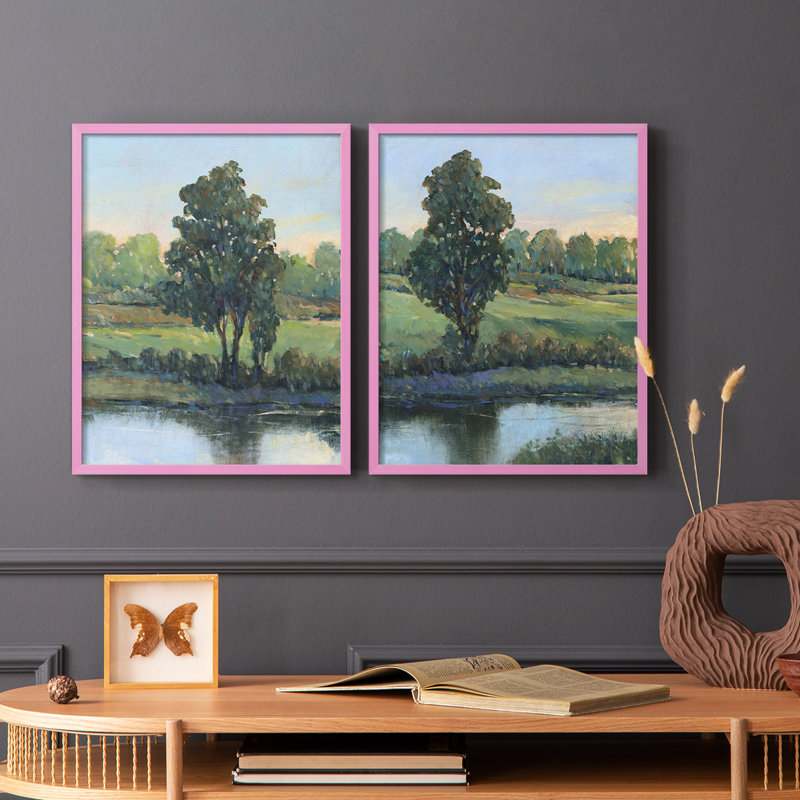 «Tree by the Riverbank I», reproduction encadrée de qualité supérieure - prête à être accrochée - aucun clou requis - aucun clou requis