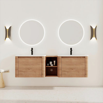 Wall-Mounted Wooden Frame Bathroom Vanity With Ceramic Sink And Storage Shelves
