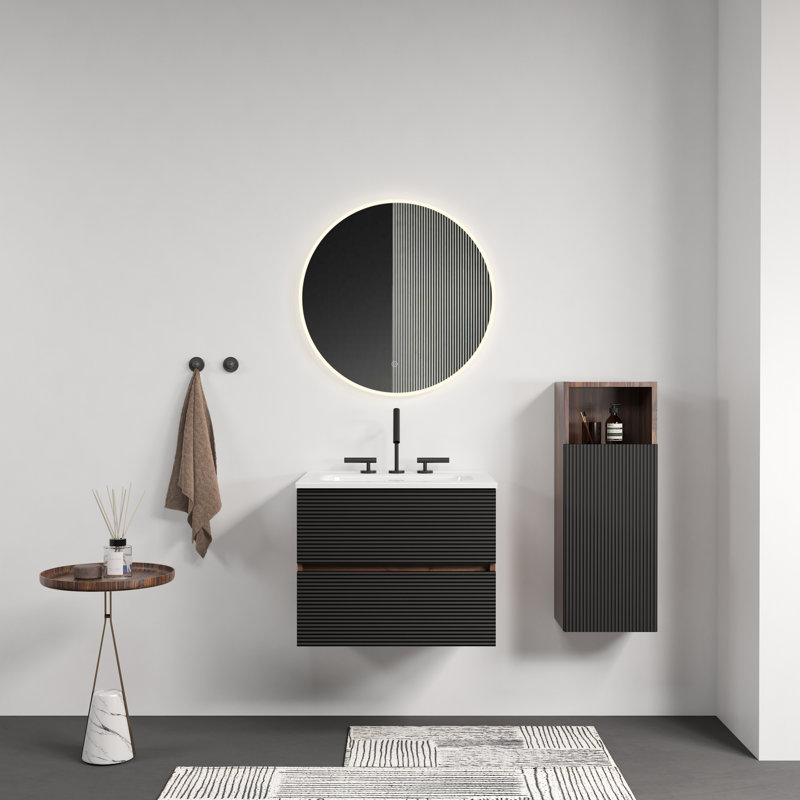 Meuble-lavabo moderne peu encombrant avec lavabo en céramique, noir doux et noyer, grand rangement