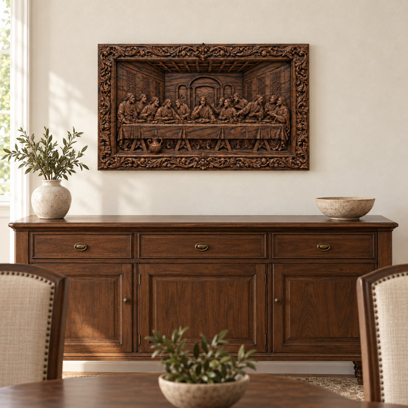 Hand-Carved Solid Teak Last Supper Wall Panel
