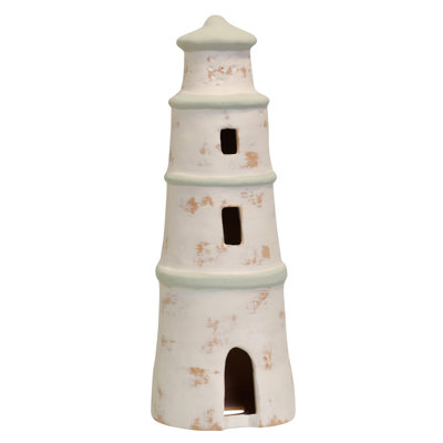 Lighthouse Terracotta Sculpture with Tealight Base - White Washed - 5"W x 5"D x 15"H
