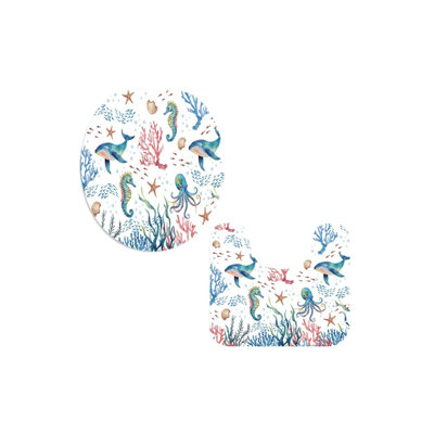 Watercolor Whale Seahorse U-Shaped Toilet Rug Bath Rug Set, Set of 2 for Restroom