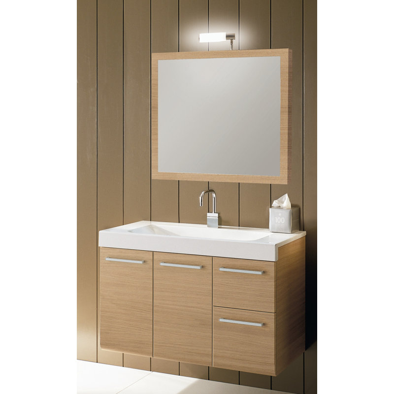 Linear 38.3'' Single Bathroom Vanity with Ceramic Top with Mirror, Natural Oak
