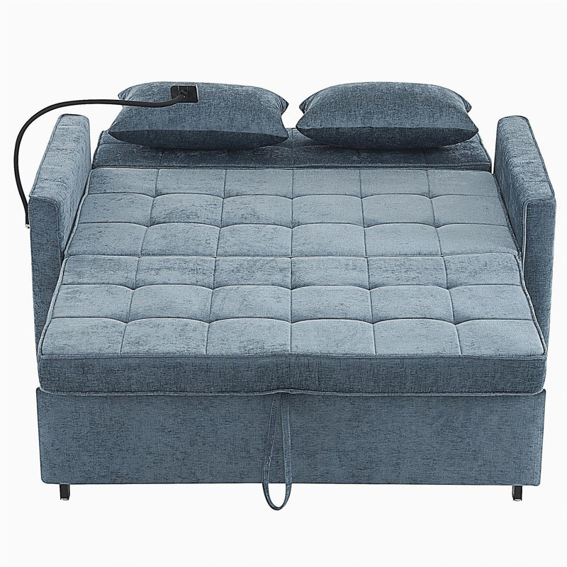 Canapé-lit double de 56,9 pouces, coussin de dossier réversible avec poches latérales, deux ports USB et un support pour téléphone, bleu.
