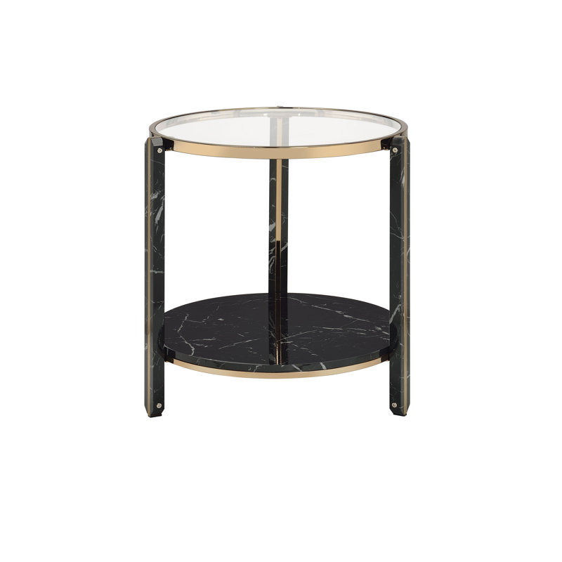 Round Glass and Faux Black Marble End Table with Champagne Trim