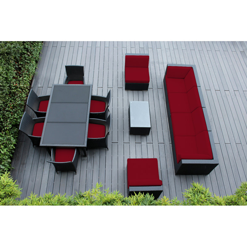 Ensemble de patio complet en rotin avec coussins 14 pièces Pavior, Noir, Toile Sunbrella® rouge Jockey