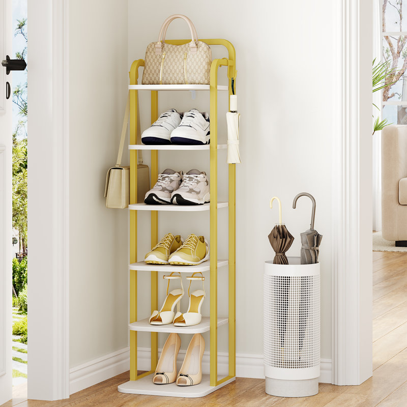 Vertical Shoe Rack, Shoe Shelves, Wood Shoe Organizer for Closet, Entryway, Shoe Tower for Small Spaces, Free Standing, Adjustable, with 2 Hooks, 6 Tier