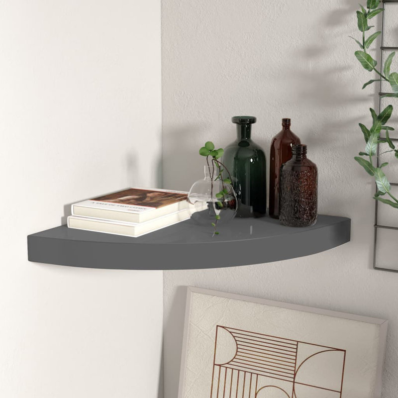Wall Corner Shelf Floating Corner Shelf Wall Mounted Display Shelf, High Gloss Grey, 13.8" H x 13.8" W x 1.5" D