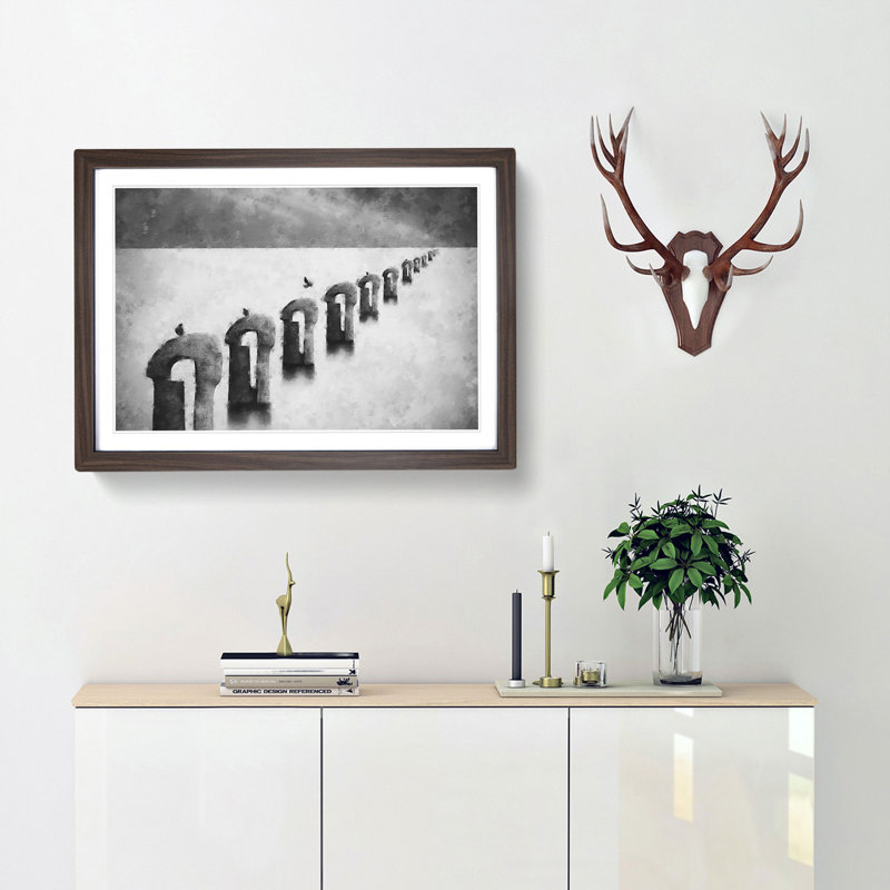 Perched Pigeons - Picture Frame Graphic Art Print, Walnut, 45cm H x 63cm W x 2cm D