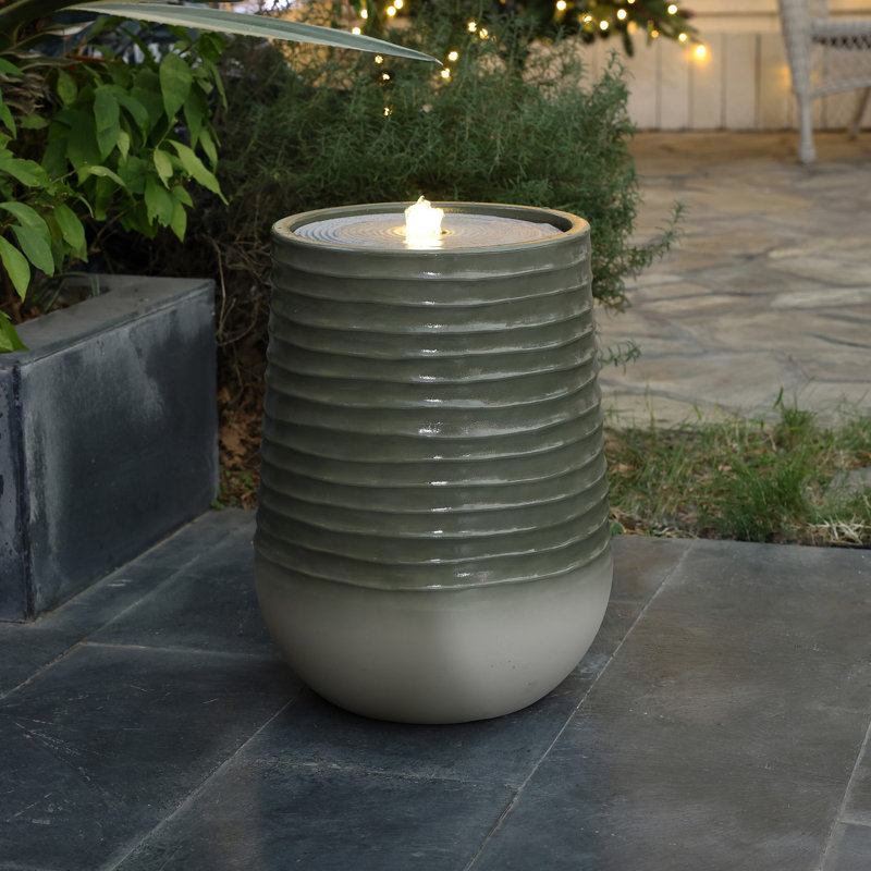Ribbed Outdoor Water Fountain with LED Lights, Polyresin Gradient Bowl Fountain with Adjustable Flow