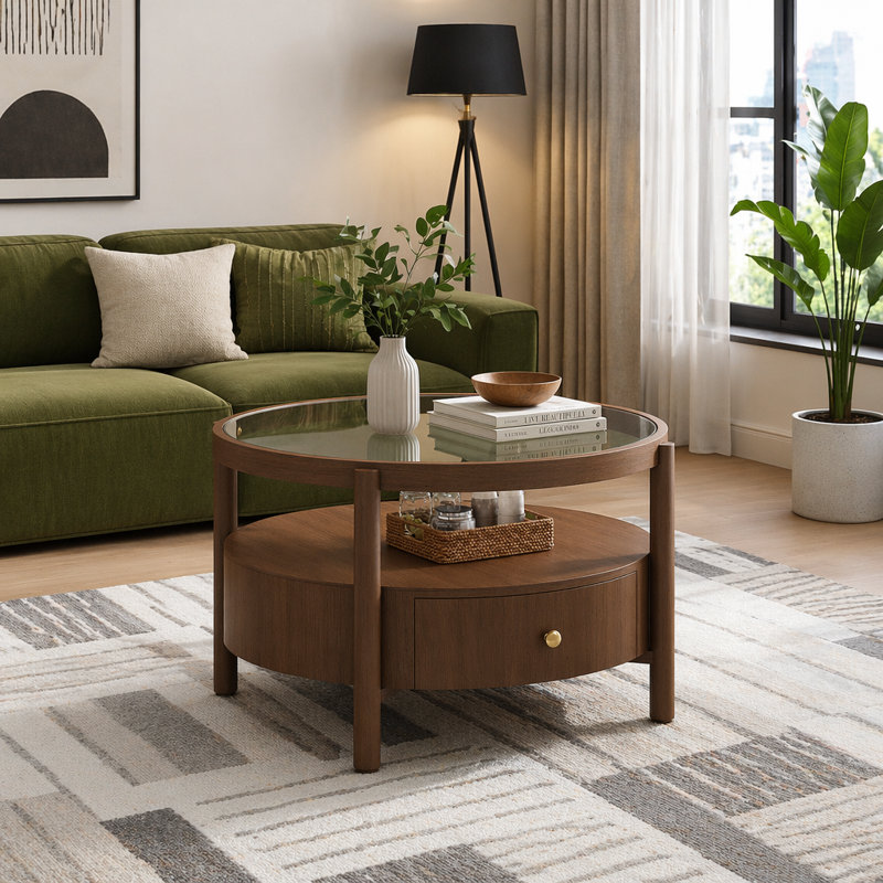 Table basse ronde en bois massif avec plateau de rangement en verre massif, table de centre circulaire moderne Mid-Century à 2 niveaux, table basse en bois de noyer